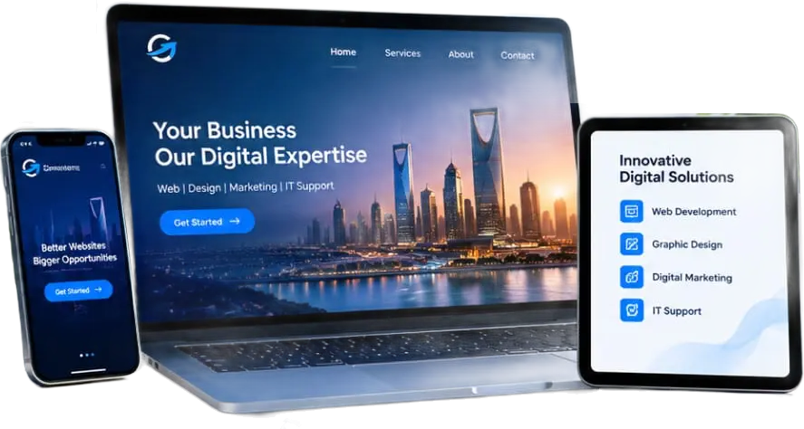 حاسوب محمول وجهاز لوحي وهاتف تعرض أفق الرياض عند الغروب