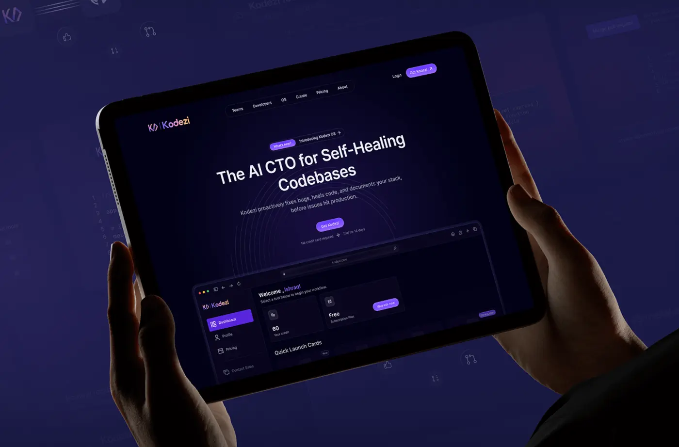 Developer platform website on a tablet, dark theme