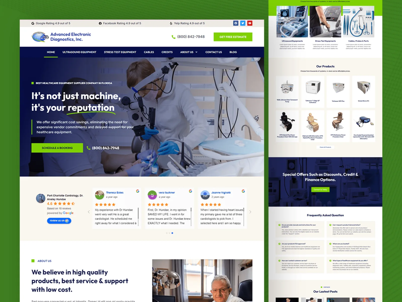 Homepage screenshot: Medical equipment website for Advanced Electronic Diagnostics