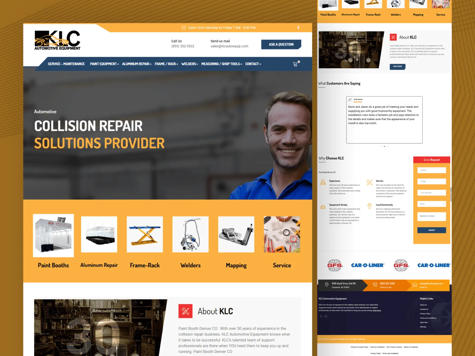 Homepage screenshot: Product catalogue website for KLC Equipment